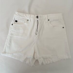 KanCan Women's High Rise Distressed White Denim Shorts